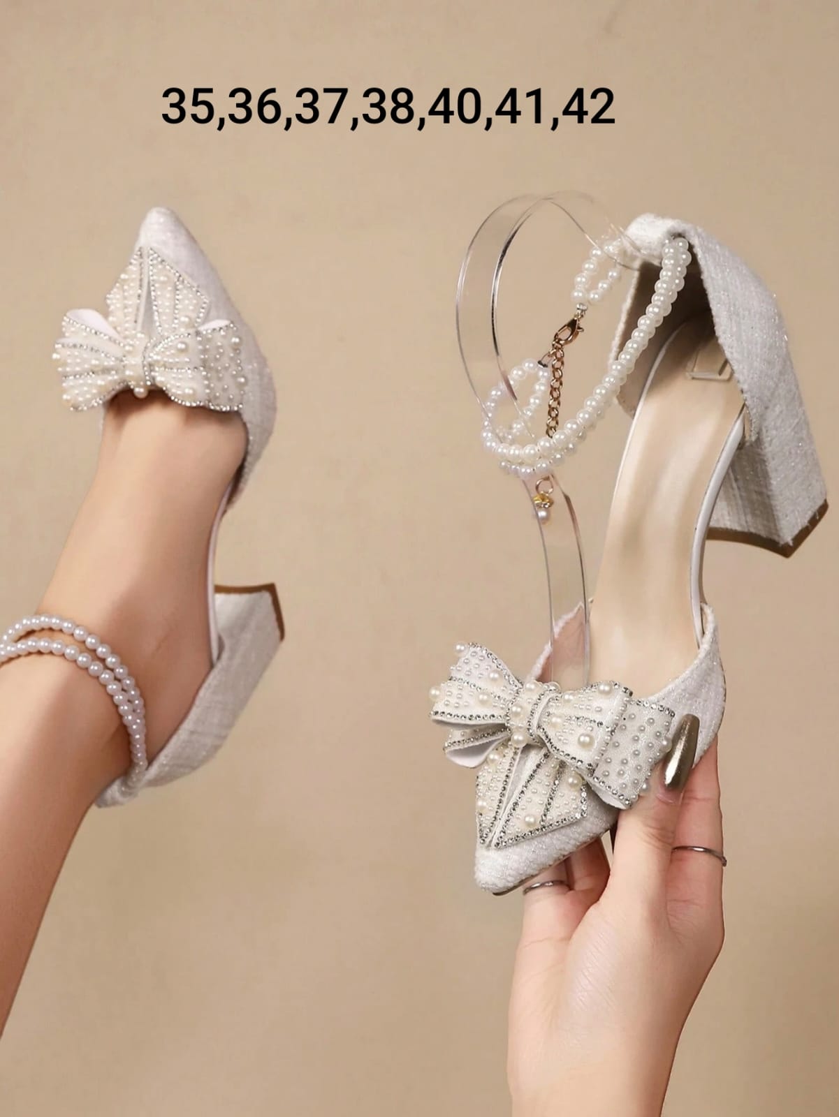 Elegant Pearl Heels with Bow - White