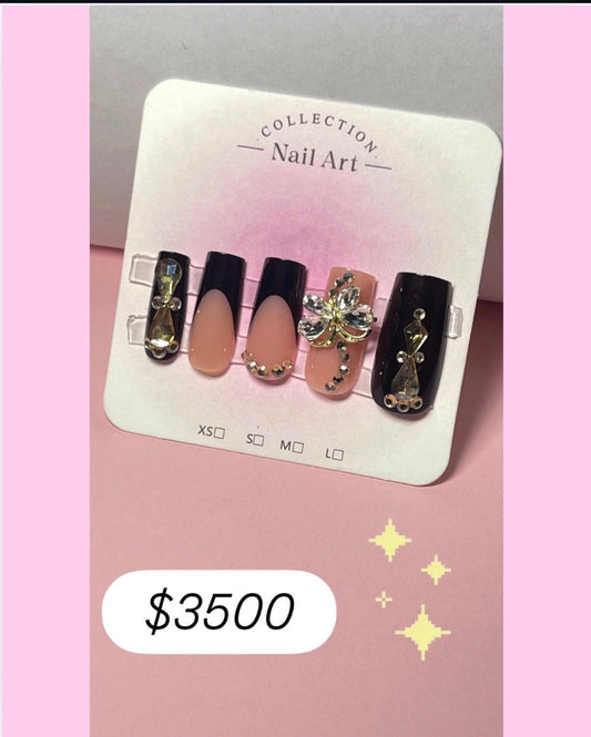 Black Tips Elegant Nails with Rhinestones