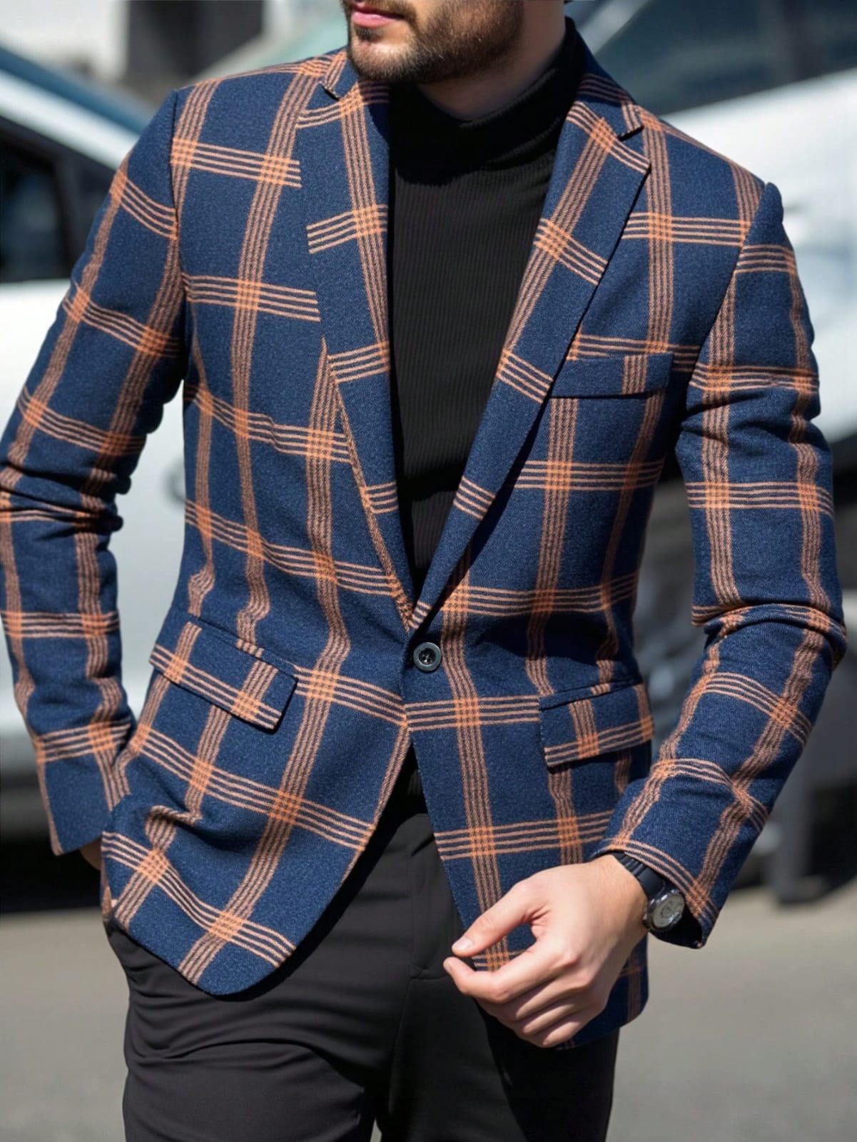 Blue & Orange Chequered Men's Jacket