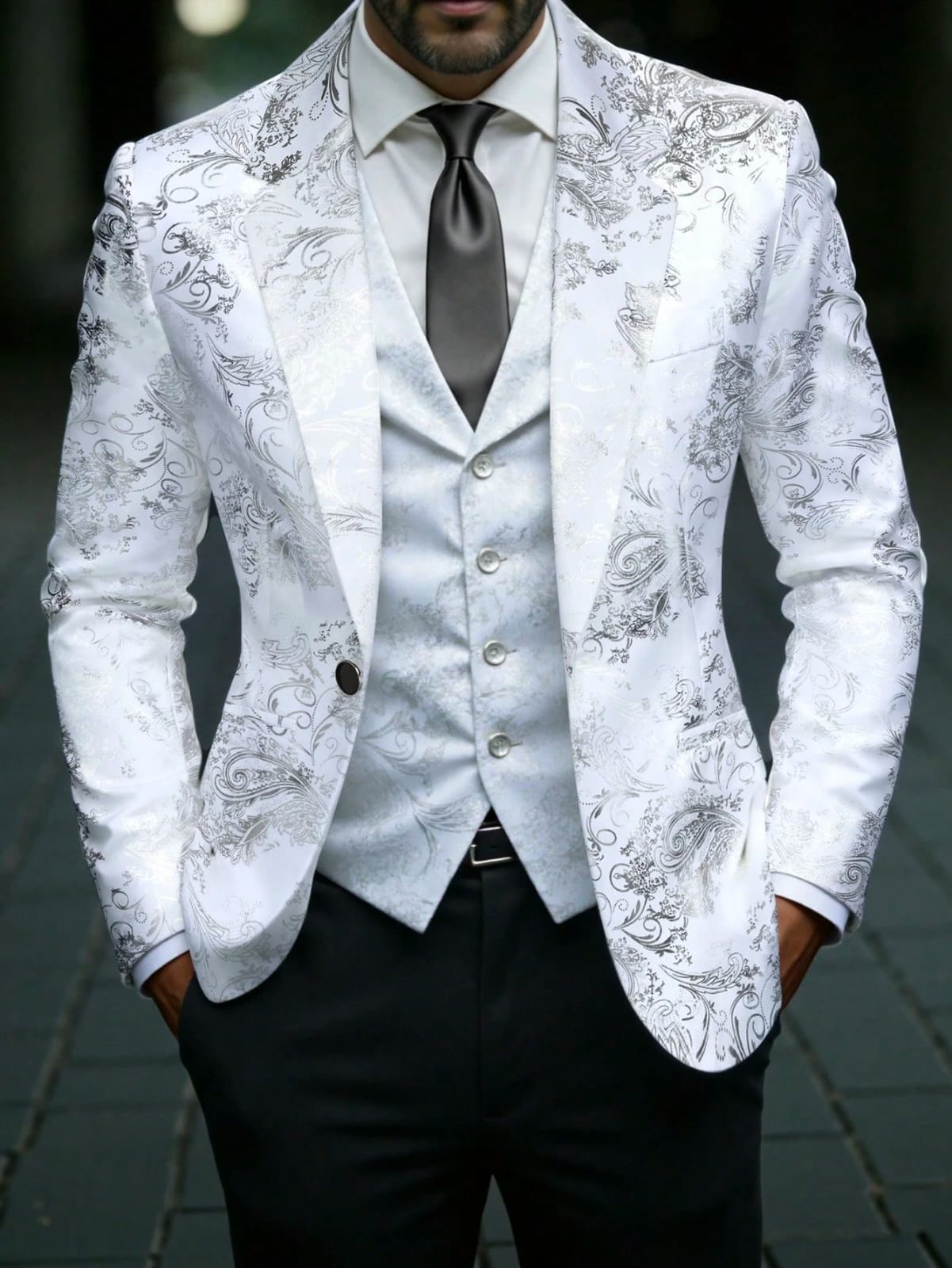 White & Silver Patterned Men's Blazer